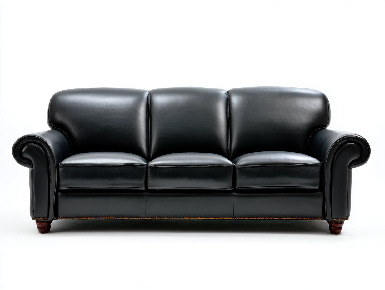 Gerades Sofa mit Bezug in Lederoptik 220 x 92 x 90 cm - Schwarz - Klassisches 3 Sitzer Design mit gerollten Armlehnen