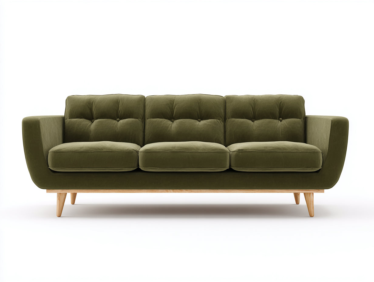 Gerades Sofa mit Stoffbezug 220 x 90 x 82 cm - Olivgrün - Dreisitzer im Retro-Design mit Holzfüßen