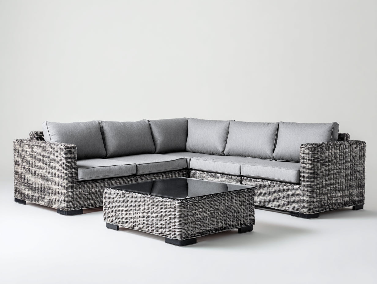Gartensofa aus Polyrattan 250 x 250 x 82 cm - Grau und Hellgrau - Eckdesign mit Couchtisch und dunkler Glasplatte
