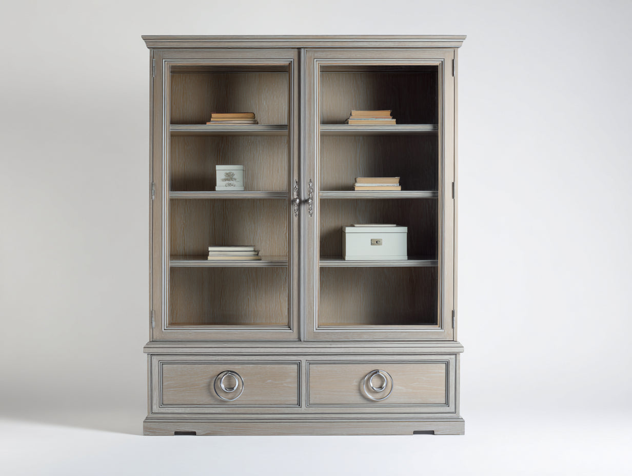Bücherregal aus Holzwerkstoff und Glas 115 x 42 x 185 cm - Hellgrau - 2 Glastüren und 2 Schubladen