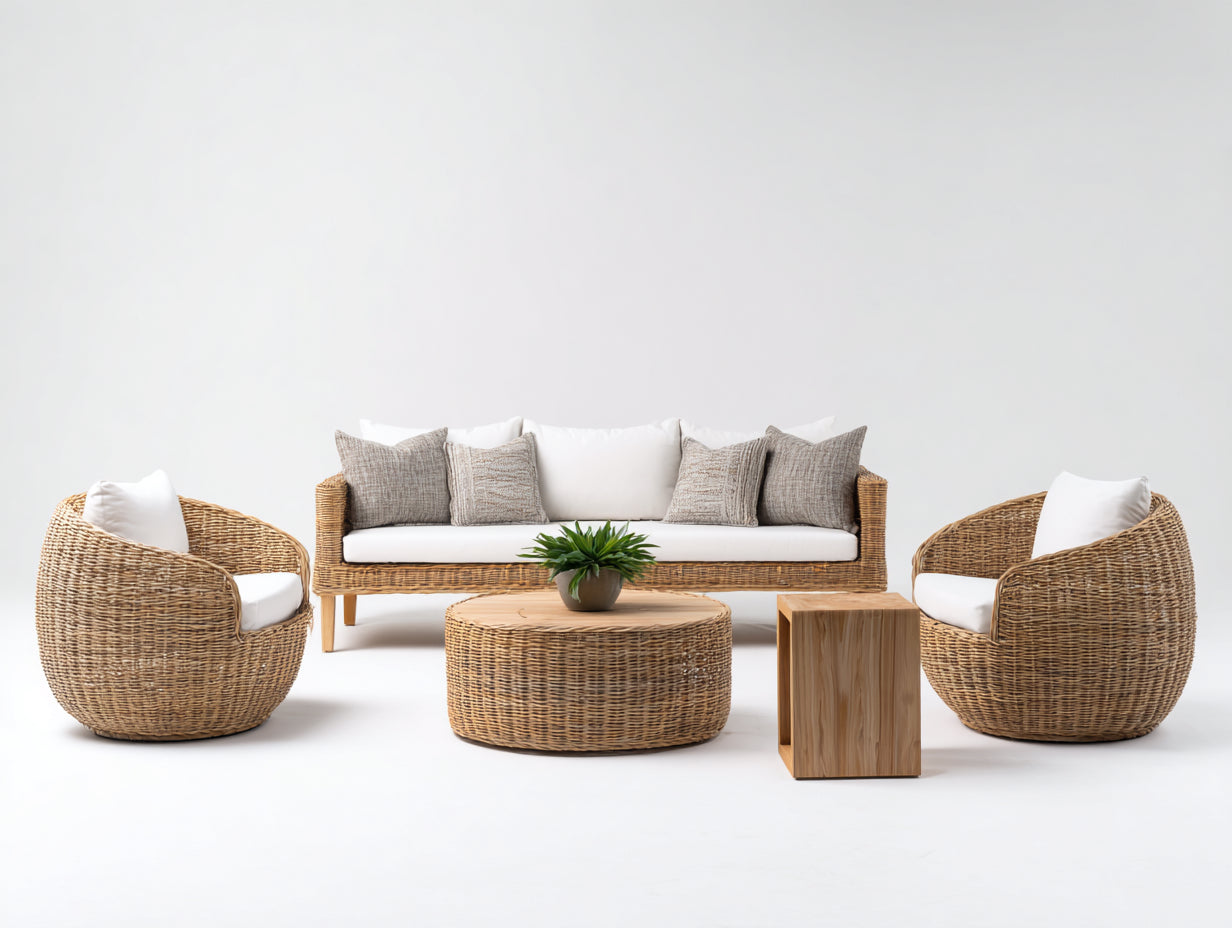 Gartensofa Sitzgruppe aus Polyrattan und Holz 210 x 85 x 78 cm - Naturbraun und Weiß - 5-teiliges Design für Terrasse und Garten