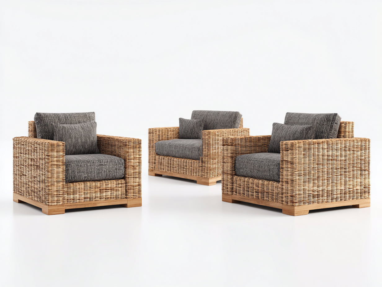 Gartensofa Set aus Polyrattan 86 x 82 x 78 cm - Naturbraun und Anthrazit - 3-teilig mit 3 Sesseln