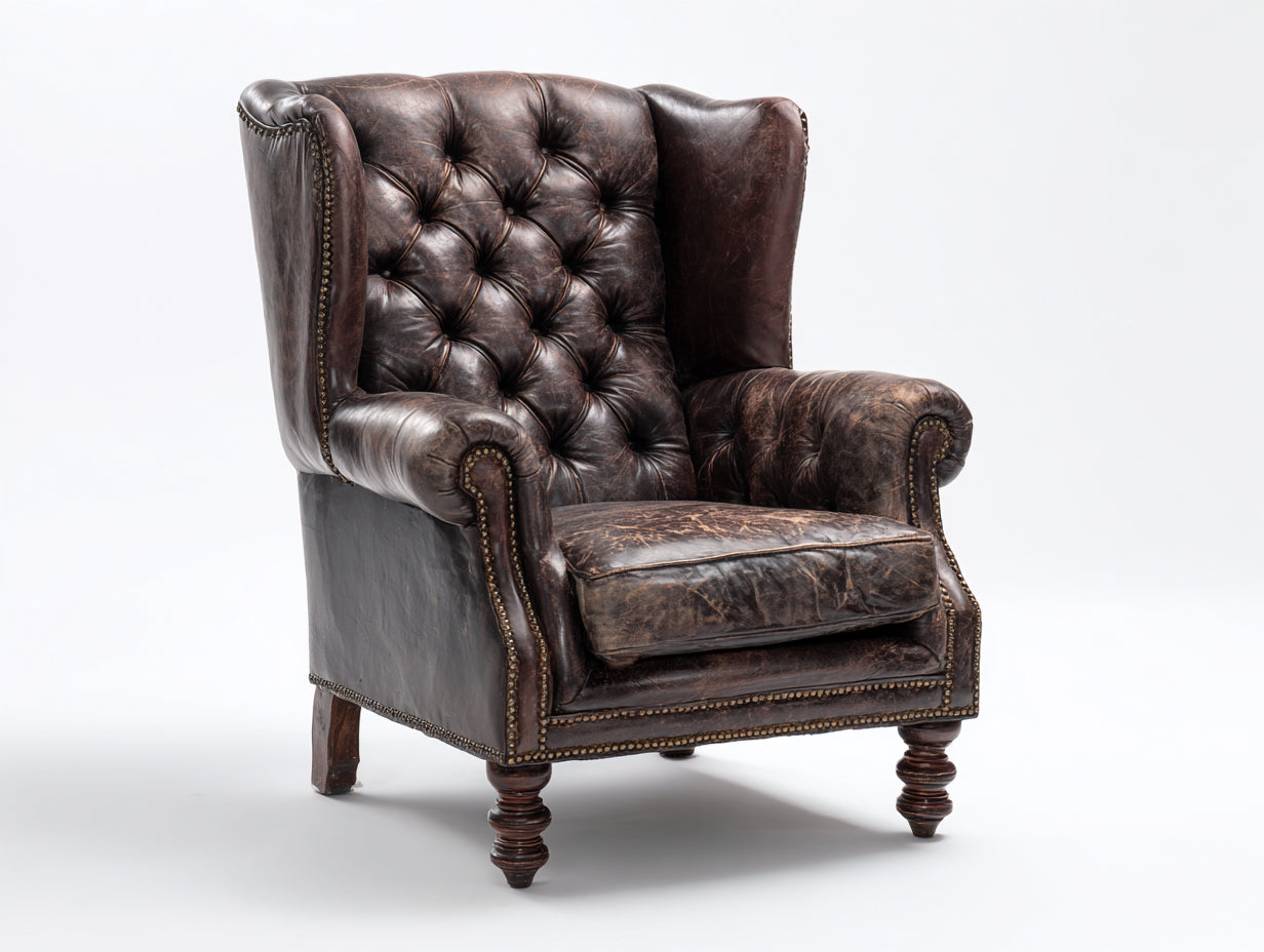 Ohrensessel mit Lederbezug 88 x 92 x 110 cm - Dunkelbraun - Chesterfield Stil mit Knopfheftung und Ziernagelbesatz