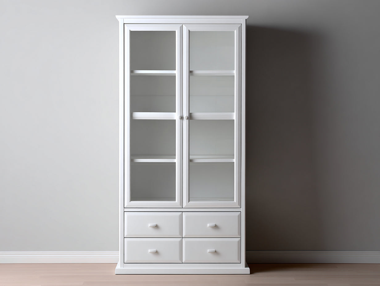 Bücherregal mit 2 Glastüren und 4 Schubladen 100 x 42 x 200 cm - Weiß - Klassisches Design mit 3 Ablageböden