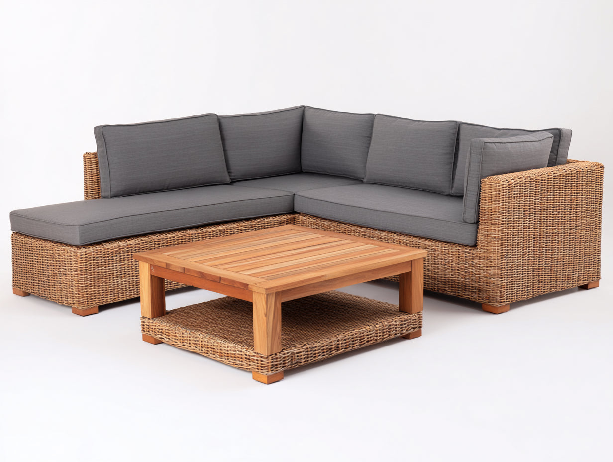 Gartensofa aus Polyrattan und Holz 255 x 210 x75 cm - Naturbraun-Dunkelgrau - Eckform mit Gartentisch