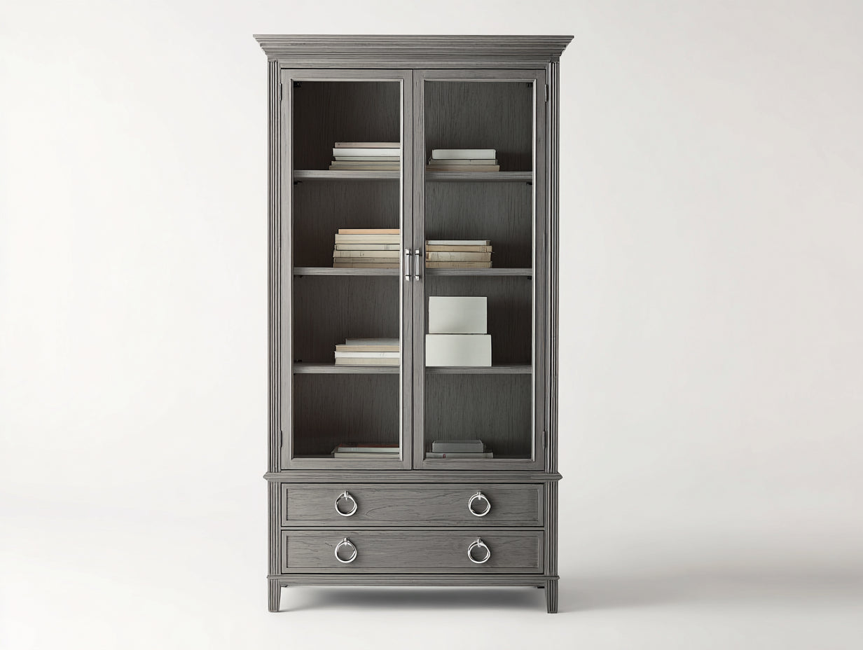 Bücherregal aus Holz mit Glastüren 100 x 40 x 190 cm - Grau - 2 Schubladen im klassischen Landhausstil