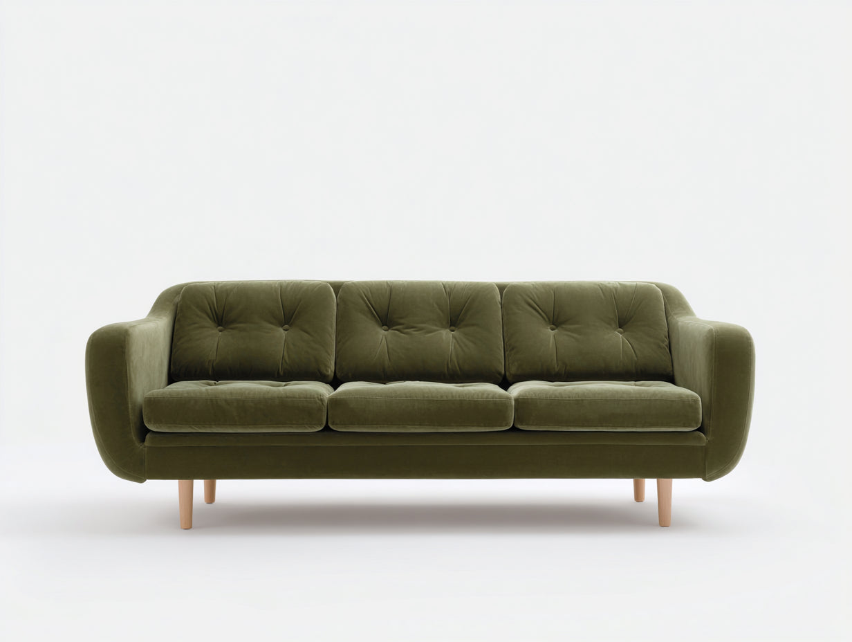 Gerades Sofa aus Samtstoff 218 x 88 x 83 cm - Olivgrün - Dreisitzer im modernen Retrodesign mit Holzbeinen