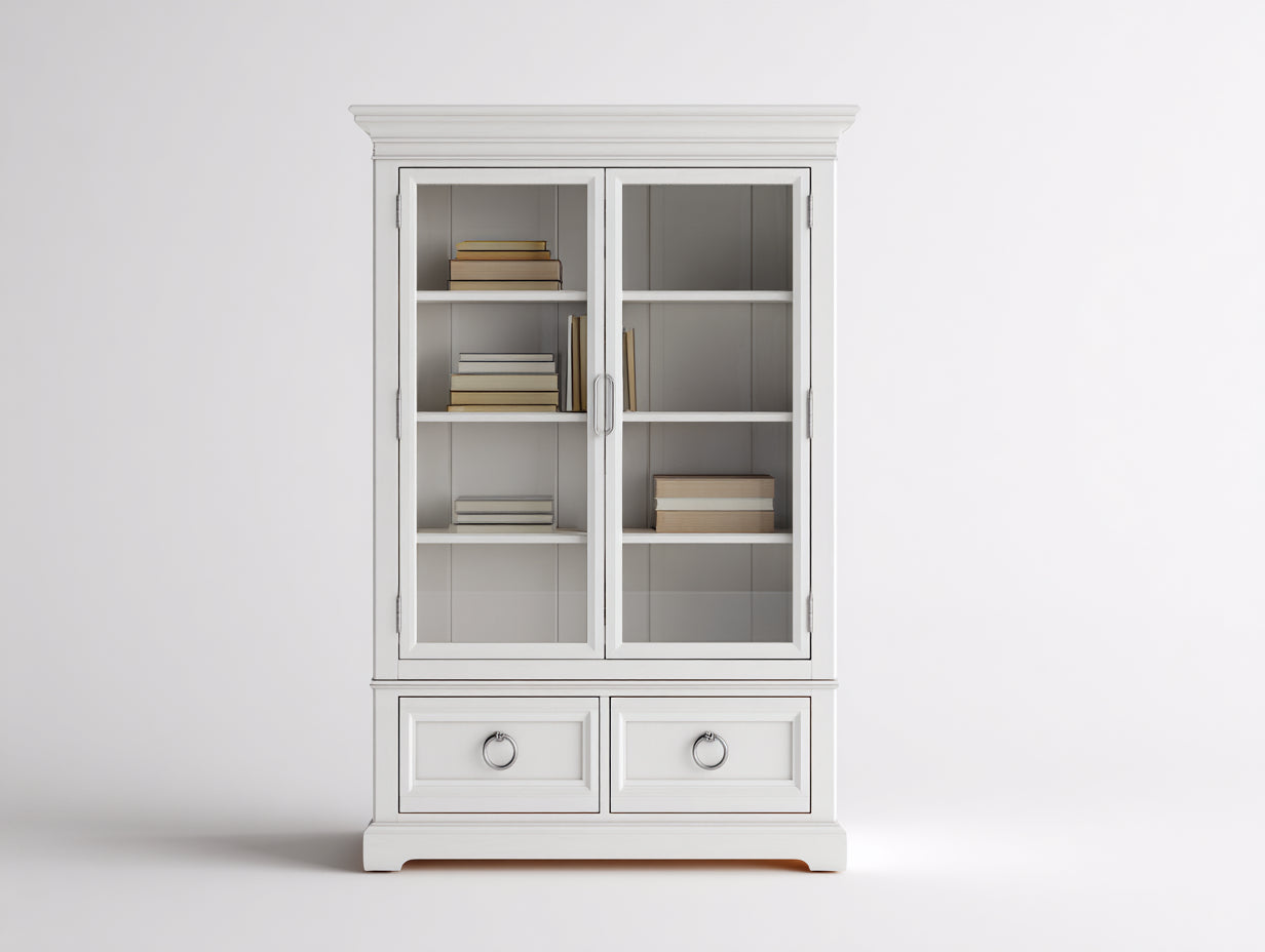 Bücherregal mit Glastüren 105 x 42 x 190 cm - Weiß - Klassisches Design mit 2 Türen und 2 Schubladen