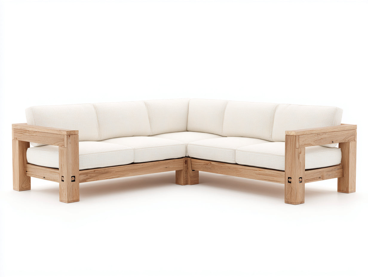 Gartensofa aus Holz 240 x 240 x 76 cm - Naturbraun und Creme - Eckdesign mit 5 Sitzplätzen