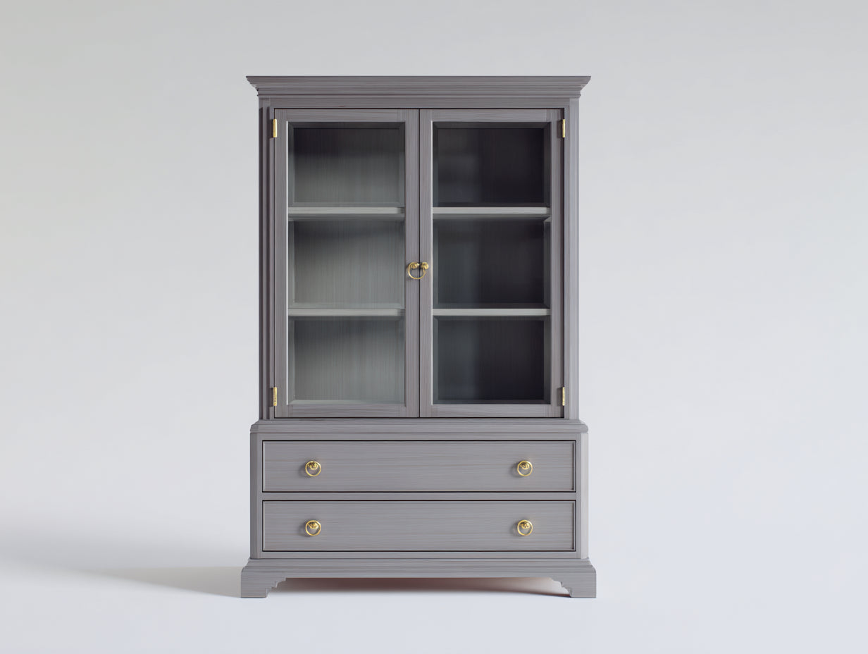 Bücherregal aus Holzwerkstoff und Glas 100 x 42 x 180 cm - Grau - 2 Glastüren und 2 Schubladen