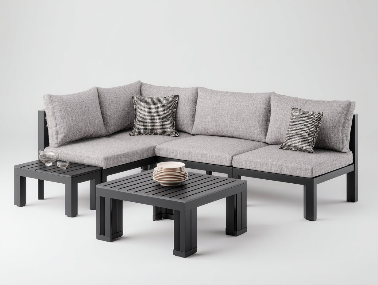 Gartensofa mit Metallgestell und 2 Tischen 245 x 185 x 76 cm - Anthrazit und Hellgrau - Modulares L-förmiges Design