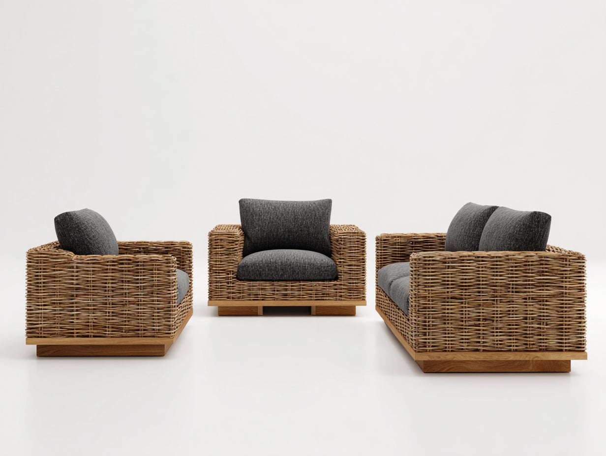 Gartensofa Garnitur aus Geflecht und Holz 170 x 90 x 76 cm - Naturbraun-Dunkelgrau - 3-teilig für Terrasse