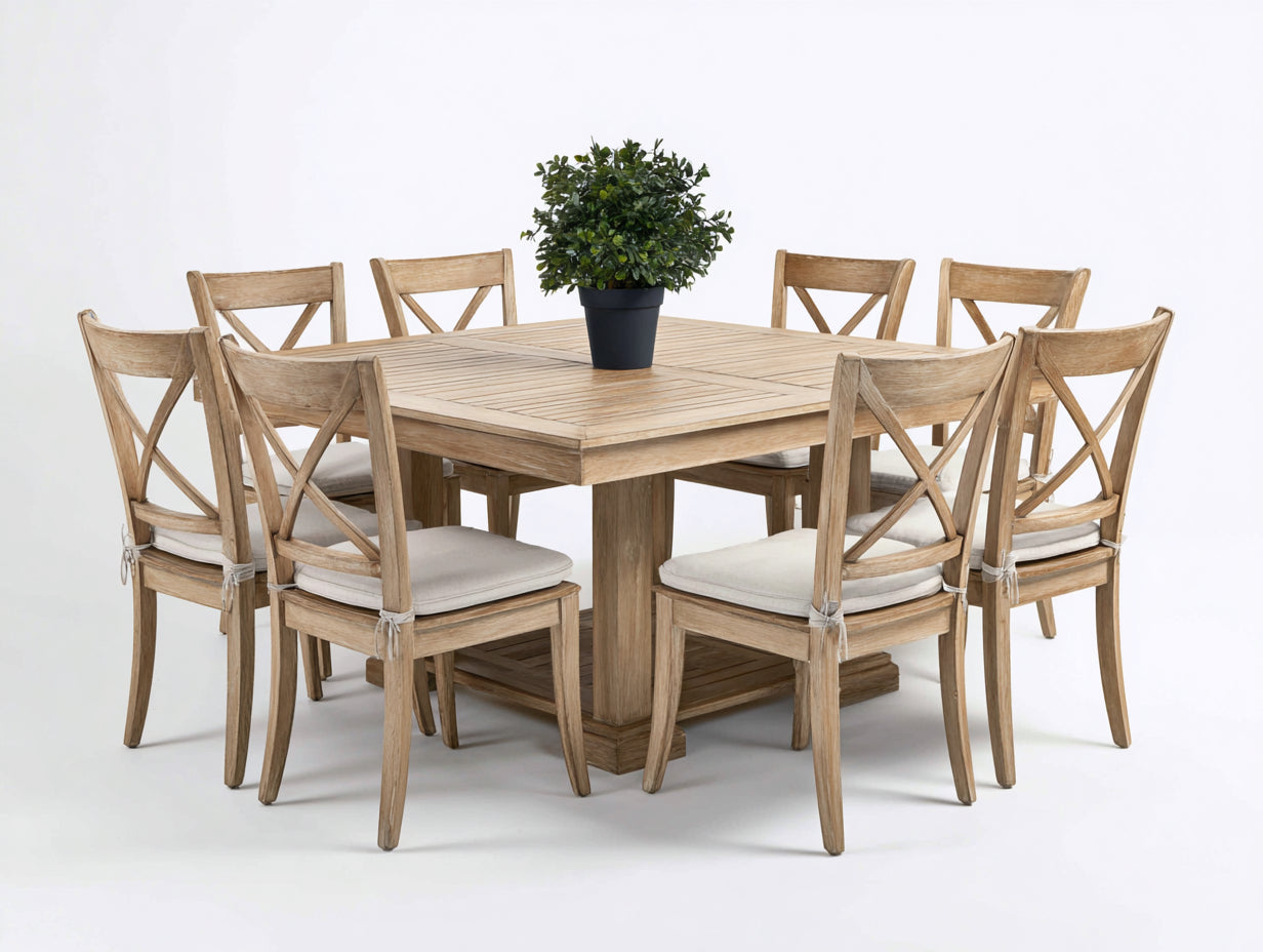 Garten Essgarnituren Set aus Holz 150 x 150 x 75 cm - Naturbraun - 9-teilig mit 8 Stühlen
