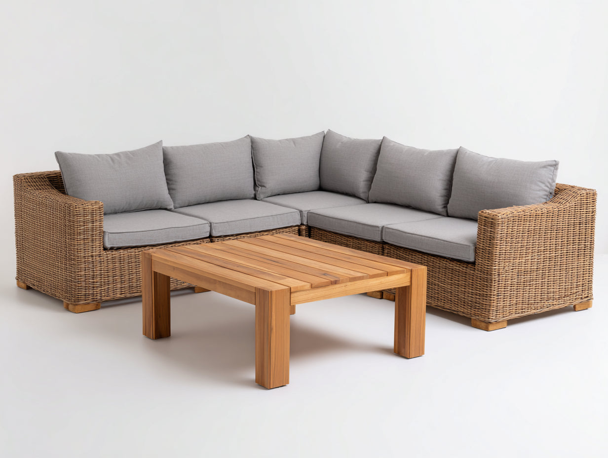 Gartensofa aus Polyrattan 250 x 250 x 78 cm - Naturbraun und Hellgrau - Eckdesign mit Gartentisch