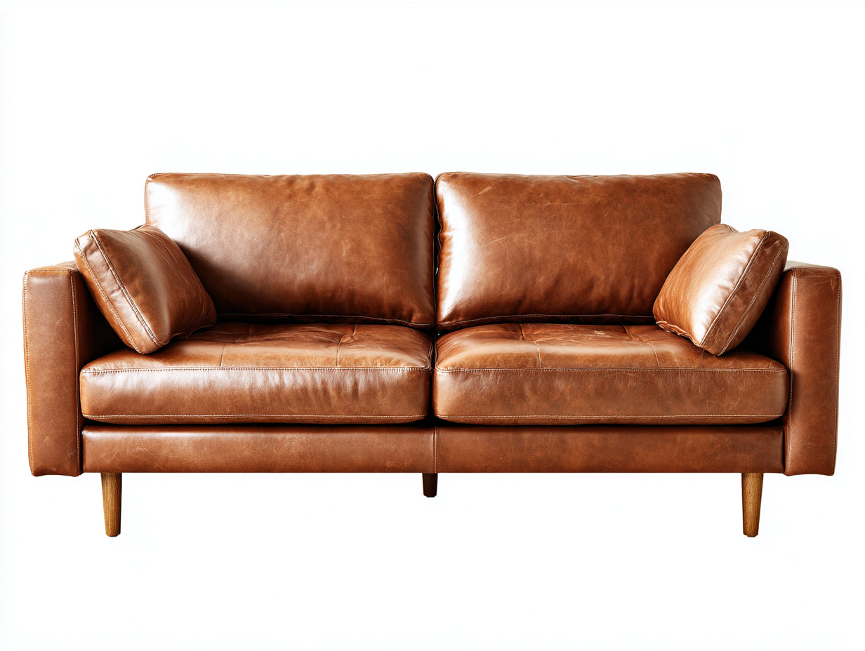 Gerades Sofa mit Kunstlederbezug 210 x 90 x 84 cm - Cognacbraun - Dreisitzer im Retro-Design mit Holzfüßen