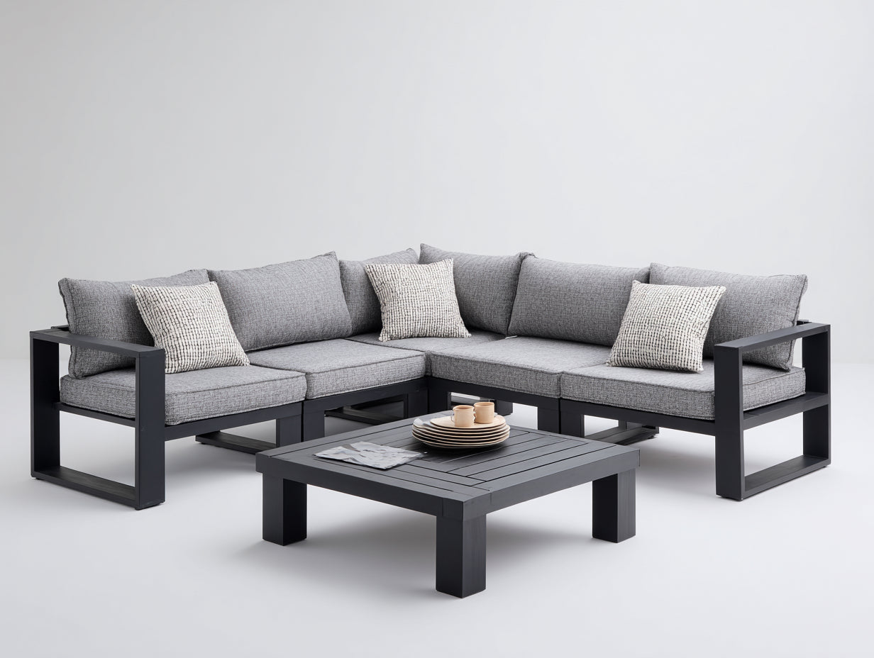Gartensofa aus Metall und Textil 240 x 240 x 76 cm - Anthrazit-Grau - Quadratische Eckform mit Gartentisch