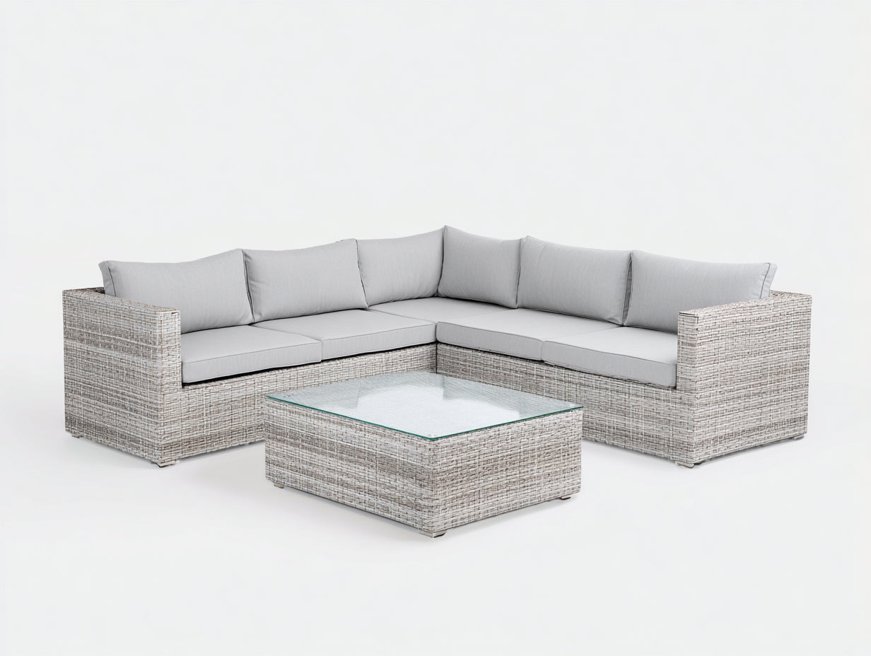 Gartensofa aus Polyrattan 245 x 245 x 76 cm - Hellgrau - Eckdesign mit Glastisch