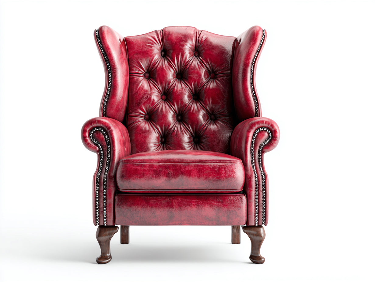 Ohrensessel mit Bezug in Lederoptik 88 x 90 x 114 cm - Weinrot - Chesterfield Design mit Knopfheftung Ziernagelbesatz und Holzfüßen