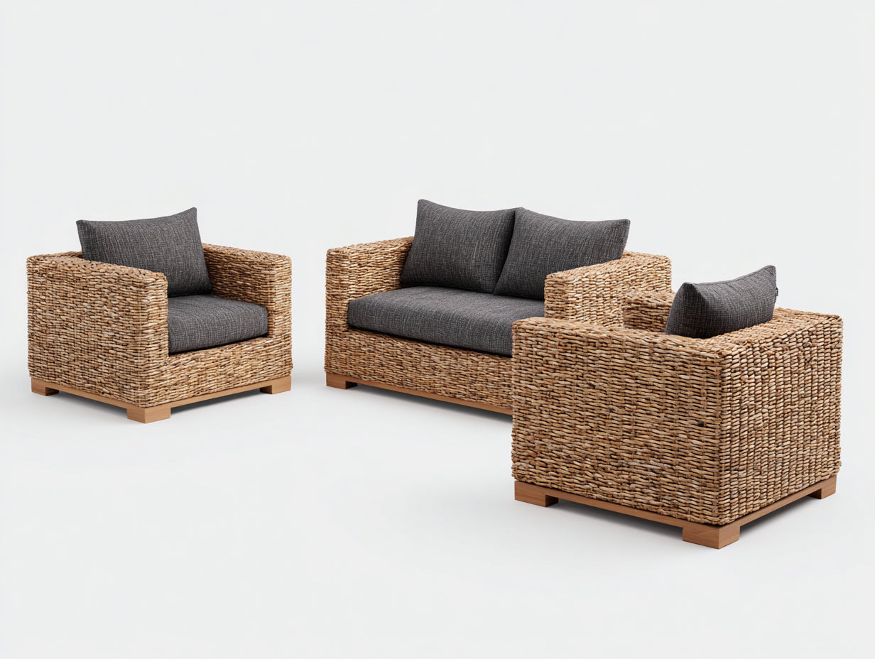 Gartensofa Sitzgruppe aus Polyrattan 150 x 82 x 76 cm - Naturbraun und Dunkelgrau - 3-teilig für Terrasse und Garten