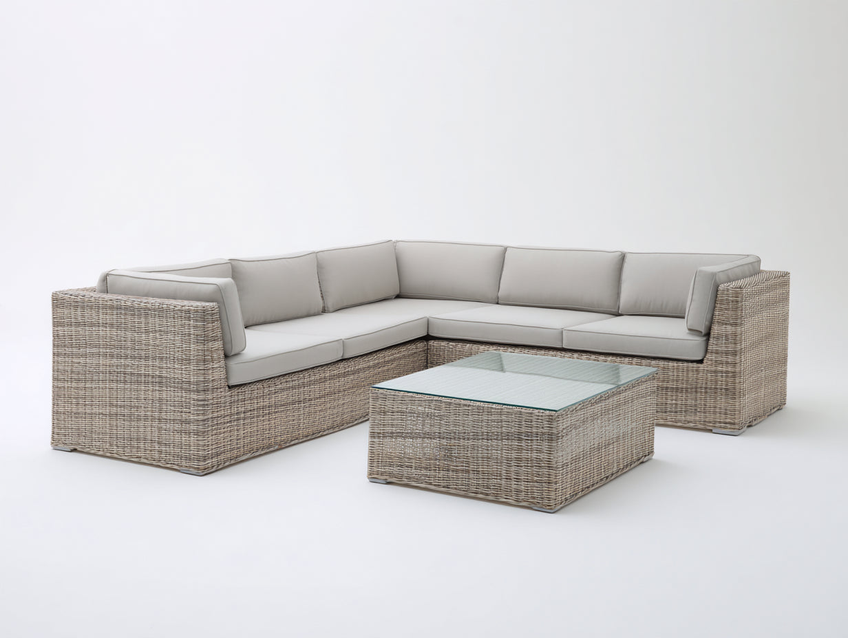 Gartensofa aus Polyrattan 255 x 255 x 80 cm - Hellgrau Beige - Eckdesign mit Couchtisch und Glasplatte
