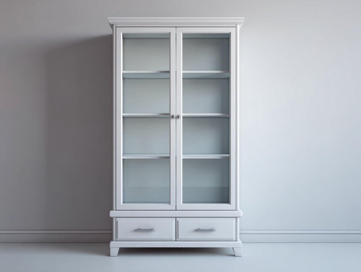 Bücherregal mit Glastüren 104 x 42 x 190 cm - Weiß - Klassisches Design mit 2 Türen und 2 Schubladen