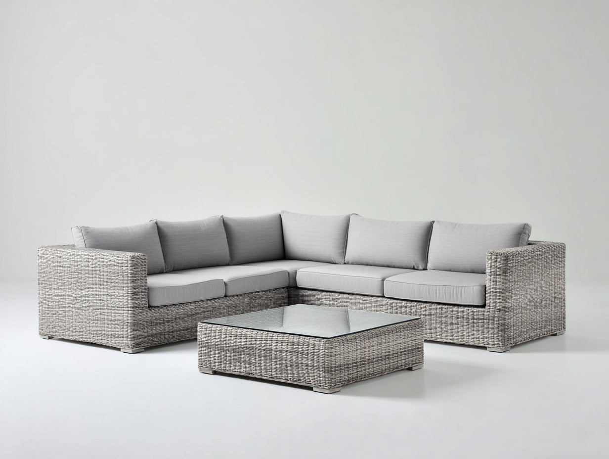 Gartensofa aus Polyrattan und Glas 250 x 200 x 72 cm - Hellgrau - Eckform mit quadratischem Tisch