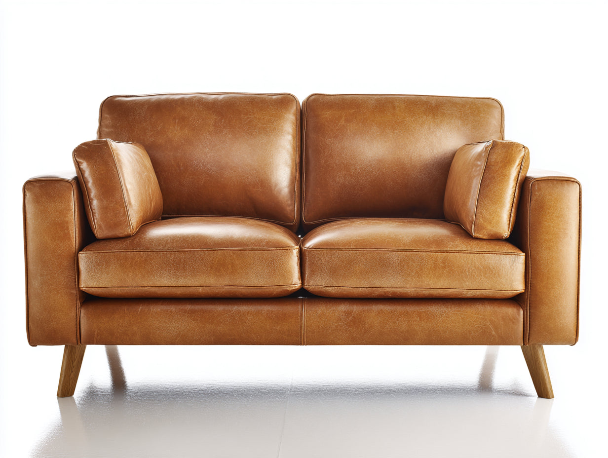 Gerades Sofa aus Kunstleder 176 x 88 x 84 cm - Cognacbraun - Zweisitzer im modernen Retrodesign mit Holzbeinen